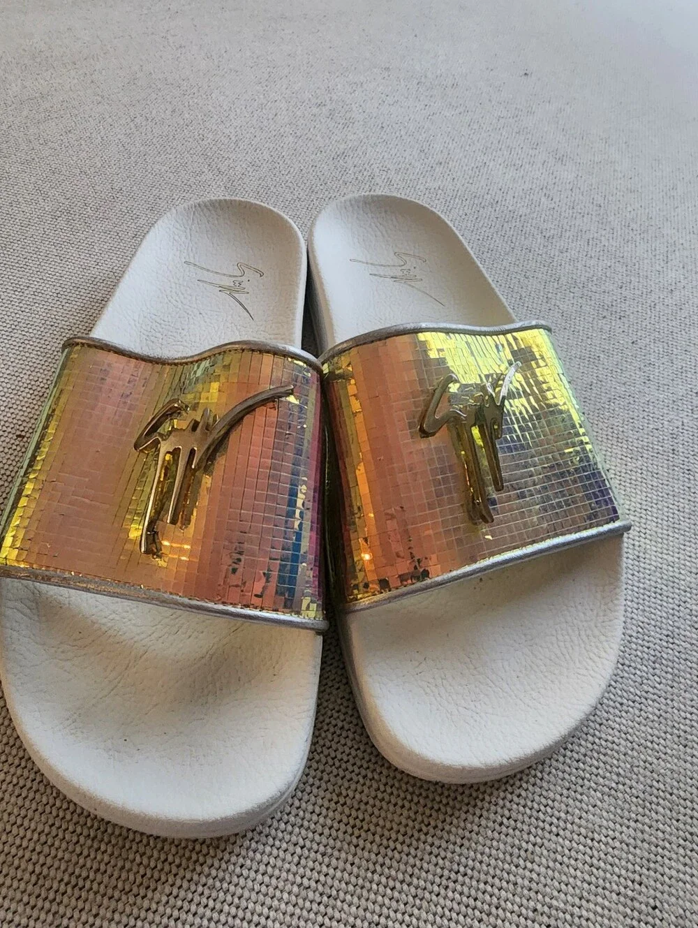 Giuseppe Zanotti Iridescent Gold-Top White Slide Sandals